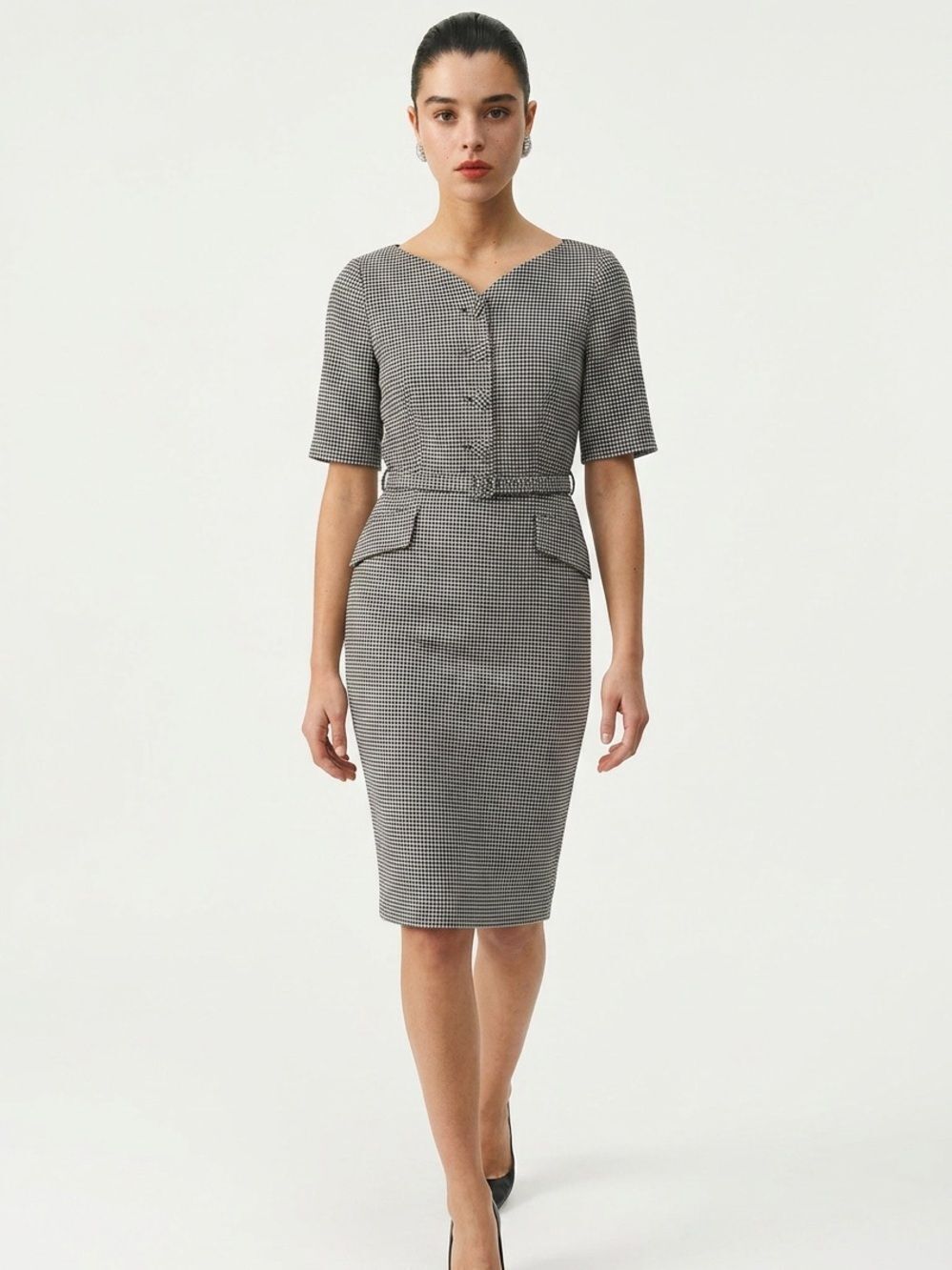 L.K. BENNETT | Nina Black & White Houndstooth Heart Belted Dress Women’s Size 6